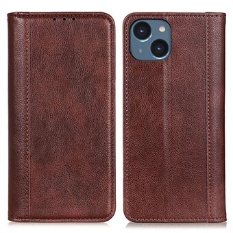 iPhone 15 Split Leather Magnetic Closure Cell Phone Cover Wallet Litchi Texture Phone Case - kotelolompakko älypuhelimelle, jossa on iPhone 15 -mallille sopiva aitoa jakkaranahkaa ja magneettisulkeutuminen cover.