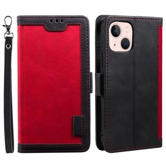 iPhone 15 Vintage Leather Phone Case Wallet Stand Color Splicing Cover with Wrist Strap kännykkäkotelo nahka lompakkoteline väriraidoilla ja rannelenkillä.