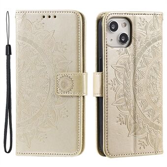 iPhone 15 PU-nahka Jalusta Suojakotelo Mandala Kukka Painatus Lompakkopuhelin Kansi hihnan kanssa