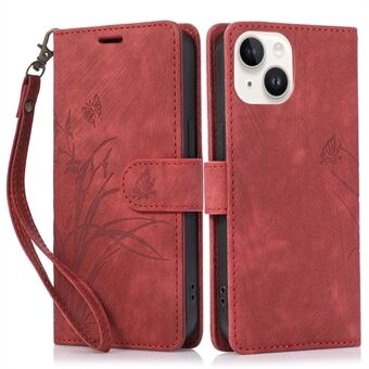 iPhone 15 Flip Wallet -kotelo Nahkainen Puhelimen Suojakotelo Orchid Butterfly -painatuksella