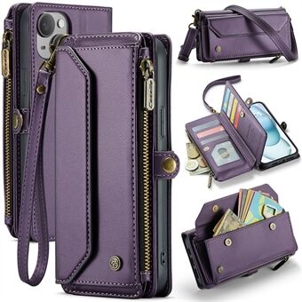 CASEME C36 -sarjan iPhone 15 Plus -kotelo Leather Magnetic Handbag Zipper Pocket -puhelin suojakuori