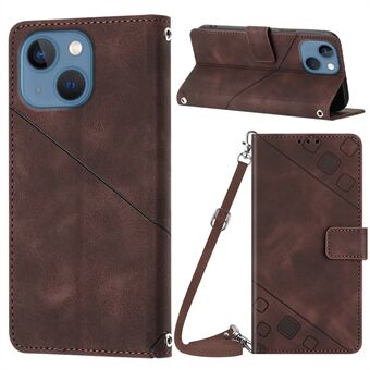 PT005 YB Imprinting Series-7 for iPhone 15 Plus PU-leather kansi lompakko seisomakotelo hihnan kiinnikkeellä