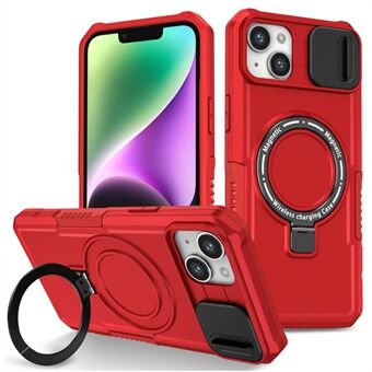 Kickstand-puhelinkotelo iPhone 15 Plussalle, yhteensopiva MagSafen kanssa, pudotusta estävä PC+TPU-kansi liukuvalla linssisuojalla