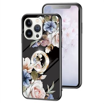 iPhone 15 Pro lasikalvokuorinen kukkakuvioitu puhelimen suojakotelo iskunkestävällä PC+TPU-reunustuksella ja sormuksella varustettuna.