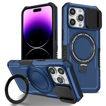 Kickstand-puhelinkotelo iPhone 15 Prolle yhteensopiva MagSafen kanssa. PC+TPU-puhelinkansi, jossa liukusuljettava linssinsuoja.