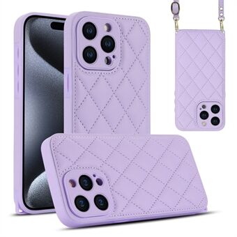 iPhone 15 Pro -taakse Rhombus Grid -suojakotelo PU+TPU -materiaalilla ja olkahihnalla