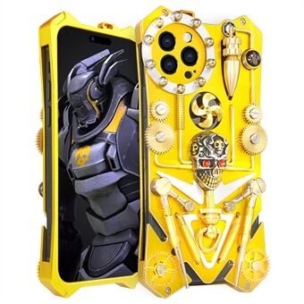 iPhone 15 Pro Max Metal Gear Kickstand -puhelin kotelo, kalloleikkikoriste takakannessa Steampunk-suojakuori - kulta