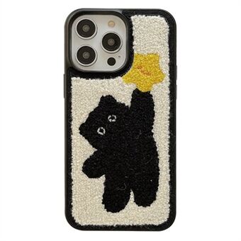 iPhone 15 Pro Max Plush -puhelimenkotelo, kissa-tähtibrodeeraus, pehmeä TPU-pinnoite