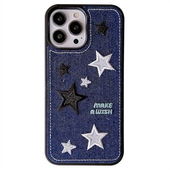 iPhone 15 Pro Max -kotelo, tähti kirjailtu denim kangas + TPU-puhelinkotelo