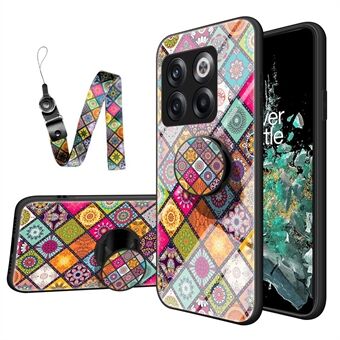 OnePlus 10T 5G / ACE Pro 5G Flower Pattern karkaistu lasi + kova PC + pehmeä TPU-hybridikansi Kickstand-puhelinkotelolle kaulanauhalla