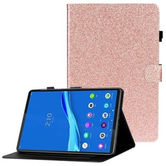 Lenovo Tab M10 (Gen 3) TB-328FU / TB-328XU:lle kimaltavaa jauhetta sisältävä PU-nahkainen suojakotelo korttipaikoilla, taittuvalla jalustalla, automaattinen herätys / lepo -toiminnolla ja kynän pidikkeellä.