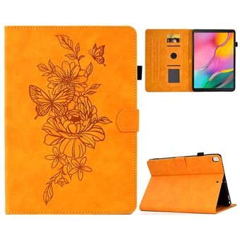 Samsung Galaxy Tab A 10.1 (2019) T510 / T515 -tabletille tarkoitettu Butterfly Flower -kuvioitu keinonahkainen suojakotelo, jossa on tikkaukset ja seisontatuki. Suojakotelo on naarmuja välttävä ja siinä on automaattinen herätys- ja pysäytystoiminto.