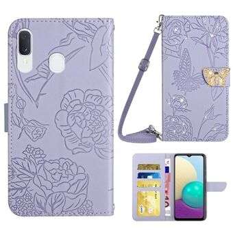 Samsung Galaxy A20e Skin-Touch -nahkakuorelle, jossa olkahihna, Stand painatus lompakkoteline, tekojalokivikoristelu puhelimen kuori