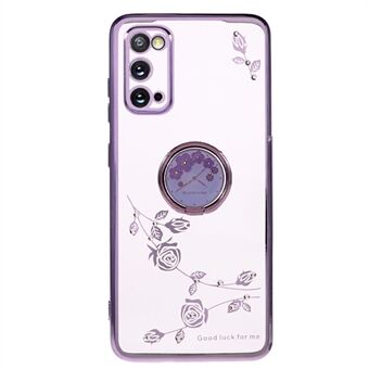 Samsung Galaxy S20 5G / 4G Flower Pattern Kickstand -kotelolle, tekojalokivi Galvanoitu TPU-puhelimen kansi