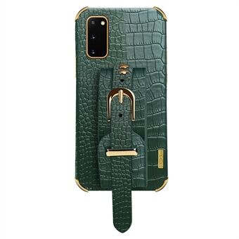 Samsung Galaxy S20 5G / 4G Crocodile Texture -puhelimen suojakuori, galvanoitu nahkapäällysteinen TPU-kuori ja hihna jalusta