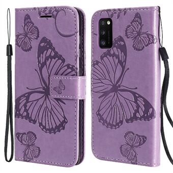 Imprint Butterfly -pudotuksenkestävä nahkainen Stand suojakotelo hihnalla Samsung Galaxy A41:lle (maailmanlaajuinen versio)