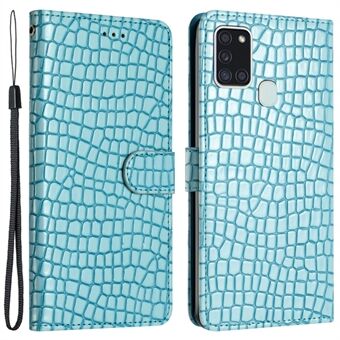 Samsung Galaxy A21s Stand Flip Cover Crocodile Texture -nahkainen lompakkomuotoinen puhelinkotelo hihnalla