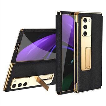 Kickstand Cross Texture Hybrid Hard PC Pehmeä PU-nahkainen galvanoitu puhelinkotelo karkaistulla lasilla näytönsuojalla Samsung Galaxy Z Fold2 5G:lle