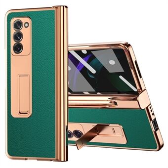 For Samsung Galaxy Z Fold2 5G PU Leather Coated PC All-Inclusive Case Hinge Pen Holder Design Kickstand Electroplating Mobile Phone Shell with Tempered Glass Screen Protector