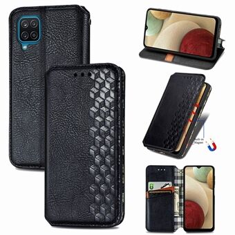 Automaattisesti imeytyvä Fashion Rhombus Texture PU- Stand lompakkokotelo Samsung Galaxy A12:lle