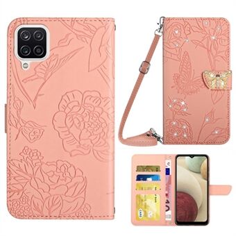 Samsung Galaxy A12 / M12 / F12 Stand Lompakko Puhelinkotelo PU Nahka painatus Butterfly Flowers tekojalokivi Decor Kansi olkahihnalla