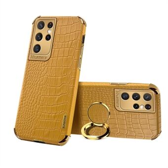 Crocodile Texture PU nahkainen + TPU Galvanizing Tarkka Cutout Phone Cover Ring haltija Samsung Galaxy S21 Ultra 5G