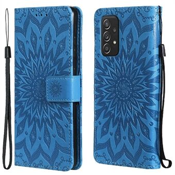 KT Imprinting Flower Series-1 Folio Flip Auringonkukka Kaiverrettu Nahkainen Suojakuori Hihnalla Samsung Galaxy A52 5G/A52 4G/A52s 5G - Sininen