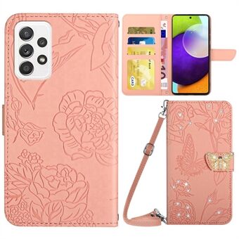 Samsung Galaxy A52 4G / 5G / A52s 5G pudotuksenkestävälle PU-nahkaiselle puhelinkotelolle Butterfly Flowers -kuvioitu Stand , jossa tekojalokivikoristelu, suojakuori ja olkahihna