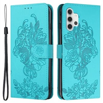 Imprint Tiger Head Flower Nahkainen Stand puhelinkotelo Samsung Galaxy A32 4G:lle (EU-versio)