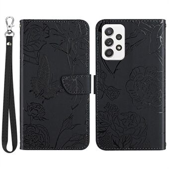 Samsung Galaxy A32 4G (EU-versio) painettu Butterfly Flower Magneettinen suljinkotelo Lompakko Flip Ihokosketustuntuva Stand kansi hihnalla