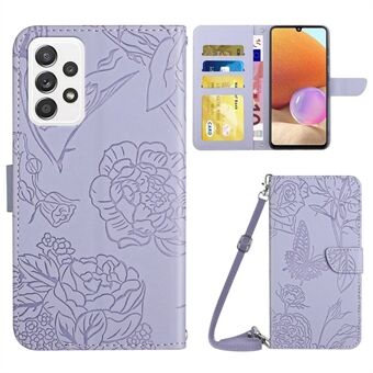 Lompakkoteline Stand Samsung Galaxy A32 4G (EU-versio), ihokosketusnahkainen Butterfly Flower -kuvioinen puhelinkuori olkahihnalla