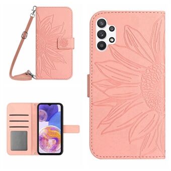 Samsung Galaxy A32 4G (EU-versio) HT04 Skin-touch PU- Stand painettu auringonkukkajalusta Lompakkokotelo Magneettinen puhelimen suojus olkahihnalla