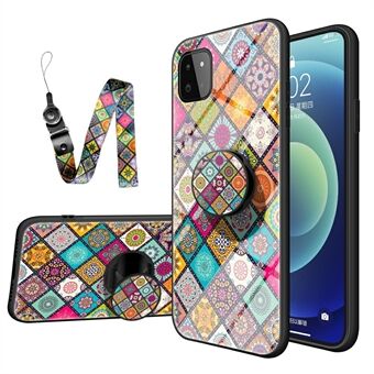 Värikäs painettu lasi + PC + TPU-hybridipuhelimen suojakotelo jalustahihnalla Samsung Galaxy A22 5G:lle (EU-versio)