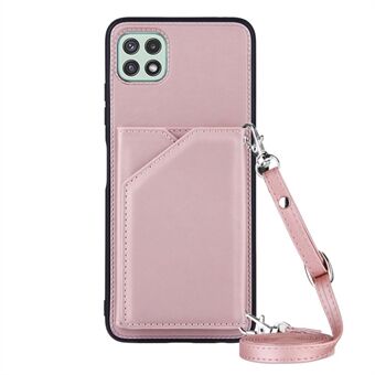 Ihokosketus tuntuinen Kickstand korttipaikat Design PU-nahalla päällystetty TPU-puhelinkotelon suojus kaulanauhalla Samsung Galaxy A22 5G:lle (EU-versio)