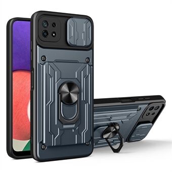 Kickstand Hard PC Soft TPU iskunkestävä puhelimen kansi korttipidikkeellä ja liukukameran suojuksella Samsung Galaxy A22 5G (EU-versio)