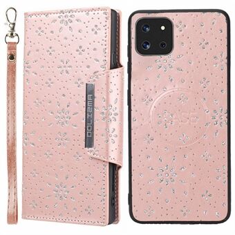 Samsung Galaxy A22 5G (EU-versio) Suojakuorelle Glitter Flower Leaf painettu irrotettava nahkainen lompakkopuhelinkotelo