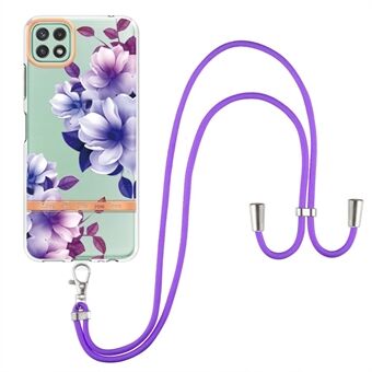 Samsung Galaxy A22 5G (EU-versio) YB IMD-9 -sarjan Lanyard Design -pehmeä TPU-kotelo, kukkakuvio IMD IML Galvanoitu puhelimen kansi