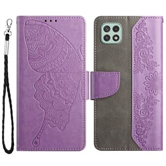 Samsung Galaxy A22 5G (EU-versio) Butterfly Flower -painetulla lompakkopuhelimen kotelolle Scratch Folio Flip -suojakuori Stand