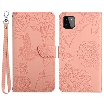 Samsung Galaxy A22 5G (EU-versio) ihoa koskettavalle puhelinkotelolle Butterfly Flower -painettu PU-nahkainen Stand kansi rannehihnalla