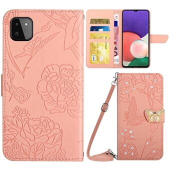 Samsung Galaxy A22 5G (EU-versio) Butterfly Flowers painettu tekojalokivikoristelupuhelimen suojakuori Lompakkoteline Stand olkahihnalla