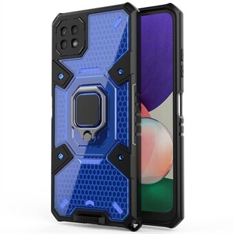 Samsung Galaxy A22 5G (EU-versio) Ring Kickstand Iskunkestävä puhelinkotelo Kova PC Pehmeä TPU Dual Layer Hybrid Cover