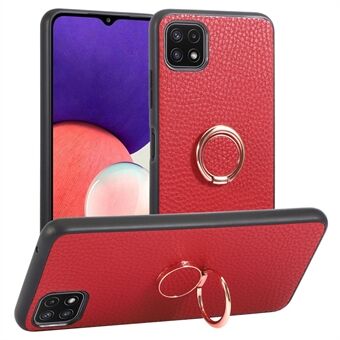 Samsung Galaxy A22 5G (EU-versio) Sormusteline Ring -puhelinkotelo PU-nahka+PC+TPU Litchi Texture -kuori Toimii magneettisessa autotelineessä