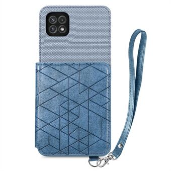 Samsung Galaxy A22 5G (EU-versio) putoamattomalle puhelinkuorelle Kickstand PU-nahka + TPU-geometrialla painettu lompakon suojus hihnalla