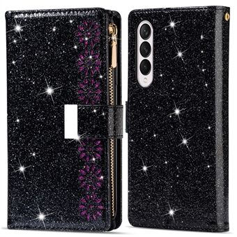 Kiiltävä Starry Style Laser Carving Magneettinen Kiinnitys Vetoketju Lompakko Stand Suojaava Nahkainen puhelinkotelo Samsung Galaxy Z Fold3 5G