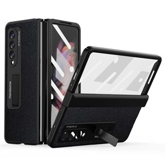 Samsung Galaxy Z Fold3 5G Cross Texture Kickstand Sarana-puhelinkotelolle PU-nahkapäällysteinen PC-suojus karkaistulla lasilla näytönsuojalla