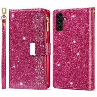 Samsung Galaxy A13 5G pudotuskestävälle puhelinkuorelle vetoketjullinen Stand PU-nahkainen Flip Laser Carving kimalteleva Starry Style matkapuhelimen suojus hihnalla