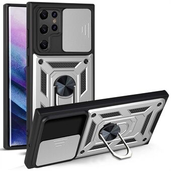 Ring Kickstand Hybrid Hard PC Pehmeä TPU iskunkestävä suojakotelo liukukamerasuojalla Samsung Galaxy S22 Ultra 5G:lle