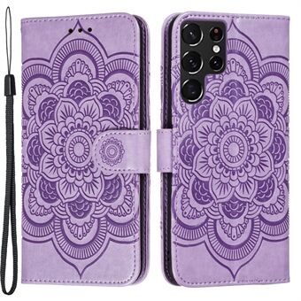 Painatus Mandala Flower Horisontal Flip PU Nahkakotelo Stand puhelimen kansi hihnalla Samsung Galaxy S22 Ultra 5G:lle