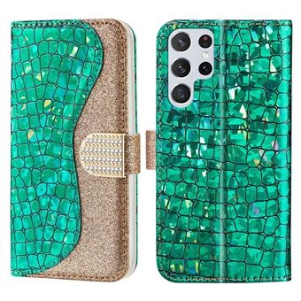 Muodikas Splicing Crocodile Texture Glittery Powder TPU+PU Nahkainen lompakkokotelo Samsung Galaxy S22 Ultra 5G:lle