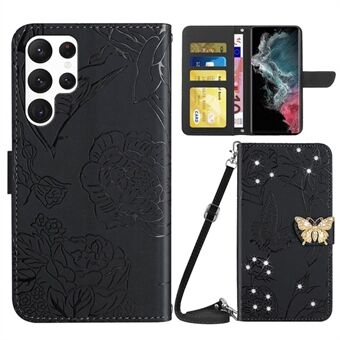 Samsung Galaxy S22 Ultra 5G Butterfly Flowers -painatus PU-nahka TPU-kuori tekojalokivikoristelu-puhelimen suojus Stand ja olkahihnalla